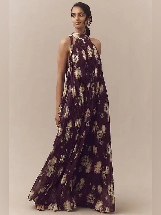 Anthropologie Dresses & Skirts - Anthropologie BHLDN Rosie Mock-Neck Pleated Chiffon Maxi Dress - Burgundy